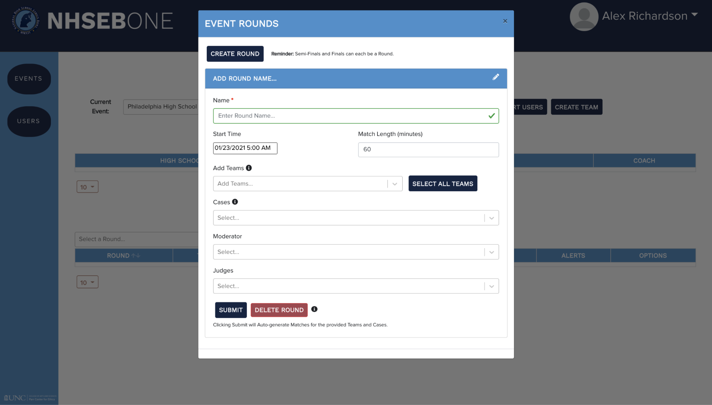 interface of NHSEBONE showing adding user to the competation