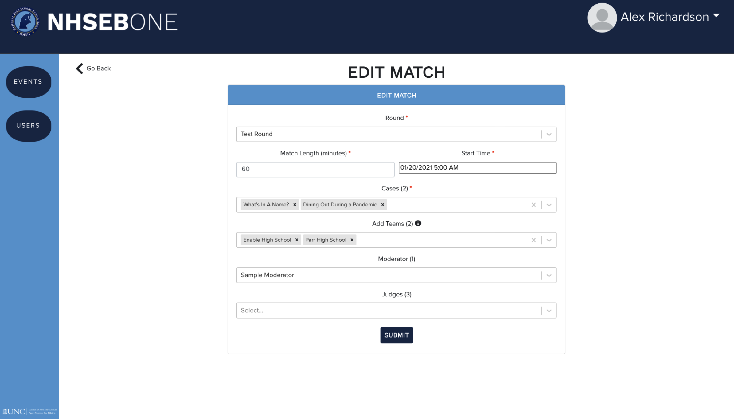 Interface of the plaform displaying how user edit match