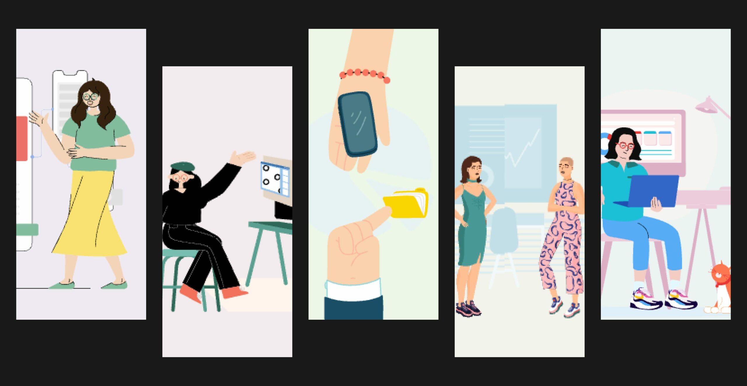 A mixture of illustrations showing activites of a designer